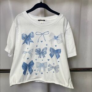 Bella + Canvas Kids Girls' White Short-Sleeve Tee with Blue Bow Print L (14-16)